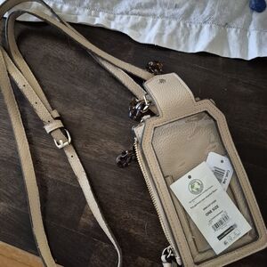 Leather Crossbody ID Pouch with Tortoiseshell Charm - Beige
